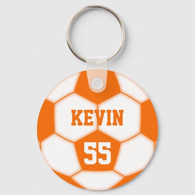 Personalised Name Number Orange Soccer Ball Key Ring (Front)