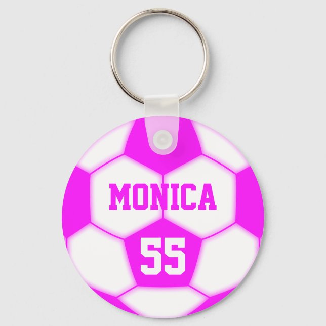 Personalised Name Number Pink Soccer Ball Key Ring (Front)