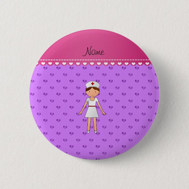 Personalised name nurse pastel purple hearts 6 cm round badge (Front)