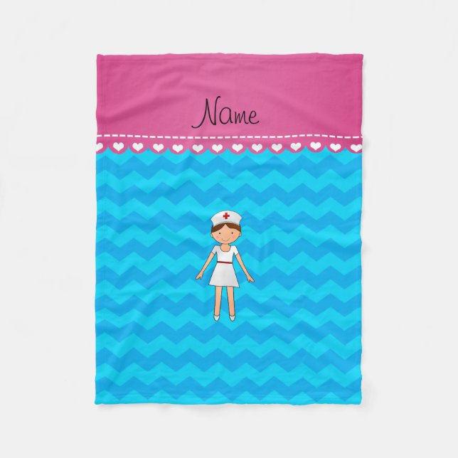 Personalised name nurse sky blue chevrons fleece blanket (Front)