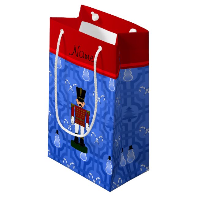 Personalised name nutcracker blue snowman trellis small gift bag (Front Angled)