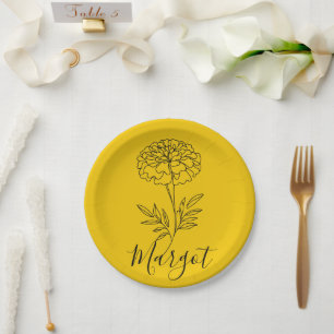 Personalised Name October Marigold Birth Flower Paper Plate