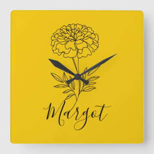 Personalised Name October Marigold Birth Flower  Square Wall Clock