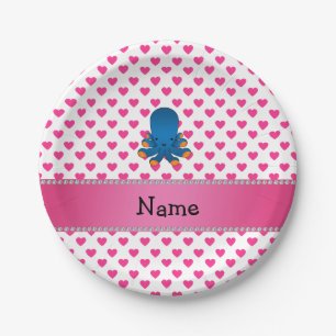 Personalised name octopus pink hearts polka dots paper plate