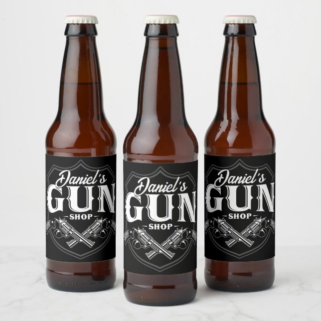 Personalised NAME Old Revolvers Gun Shop Firearms  Beer Bottle Label (Bottles)