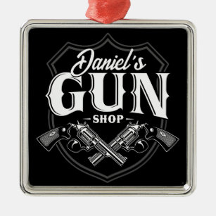 Personalised NAME Old Revolvers Gun Shop Firearms  Metal Tree Decoration