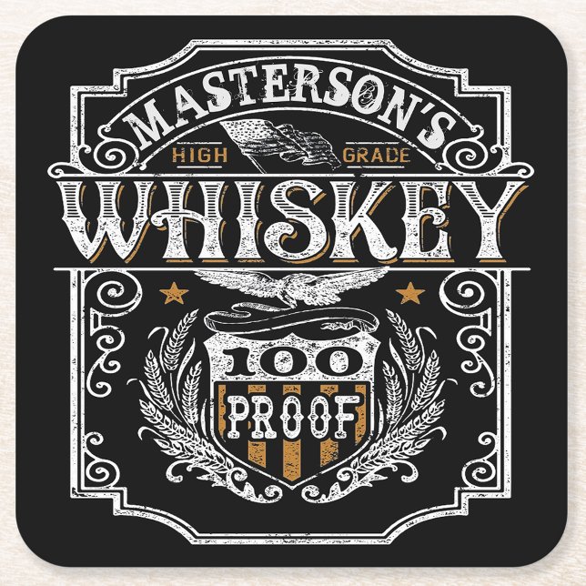 Personalised NAME Old West Whiskey Brewery Bar Square Paper Coaster (Creator Uploaded)