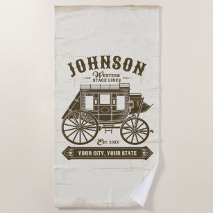 Personalised NAME Old Western Stagecoach Carriage Beach Towel