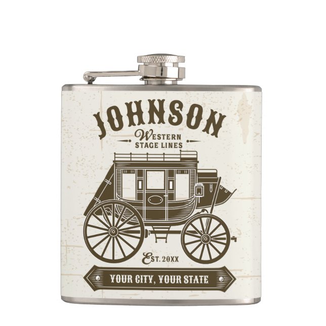 Personalised NAME Old Western Stagecoach Carriage Hip Flask (Front)