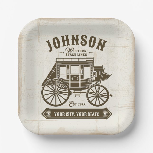 Personalised NAME Old Western Stagecoach Carriage Paper Plate (Front)