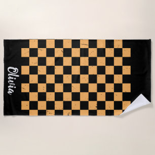 Personalised Name orange and black Chequered Patte Beach Towel