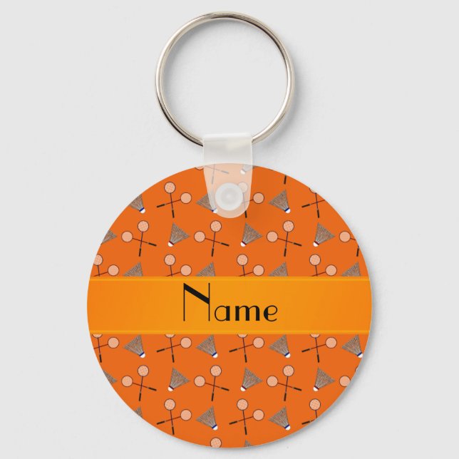 Personalised name orange badminton pattern key ring (Front)