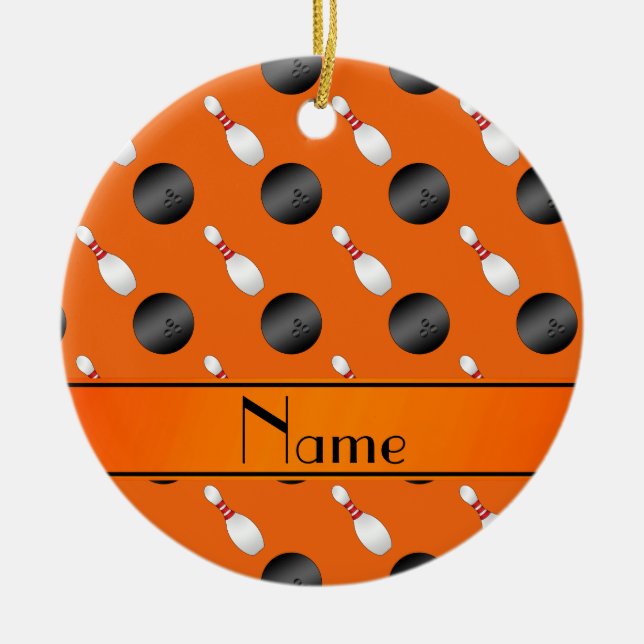 Personalised name orange bowling balls pins ceramic tree decoration (Front)