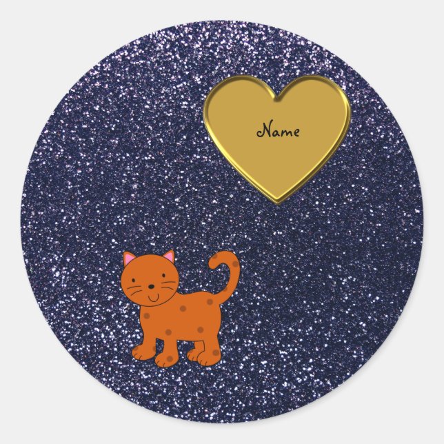 Personalised name orange cat navy blue glitter classic round sticker (Front)