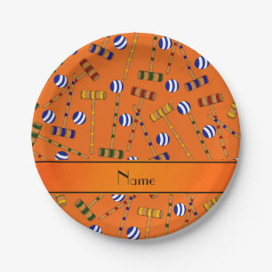 Personalised name orange croquet pattern paper plate