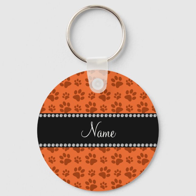 Personalised name orange dog paw print key ring (Front)