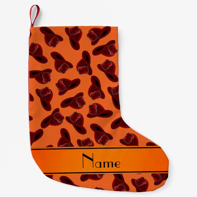 Personalised name orange fire helmets small christmas stocking (Front)