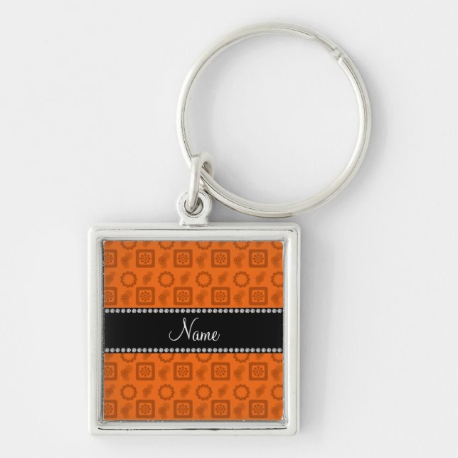 Personalised name orange funky retro flowers key ring (Front)