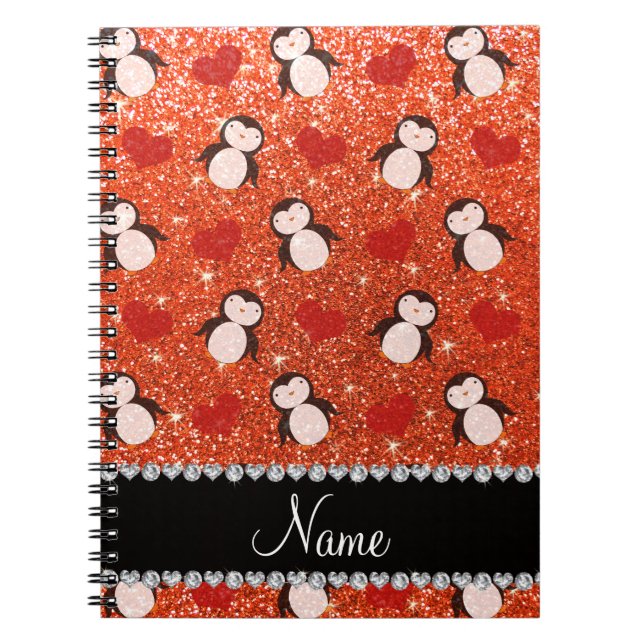 Personalised name orange glitter penguins hearts notebook (Front)