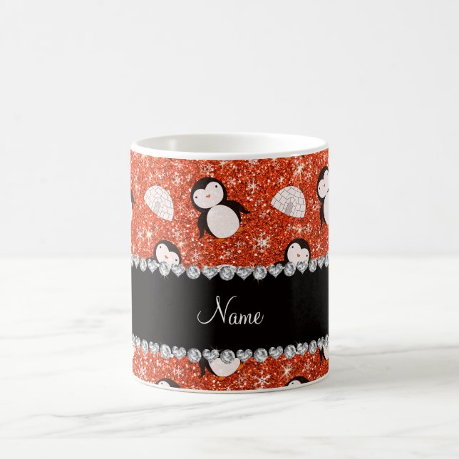 Personalised name orange glitter penguins igloos coffee mug (Center)