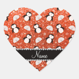 Personalised name orange glitter penguins igloos heart sticker