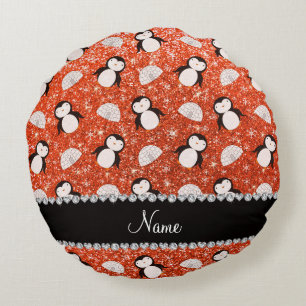 Personalised name orange glitter penguins igloos round cushion