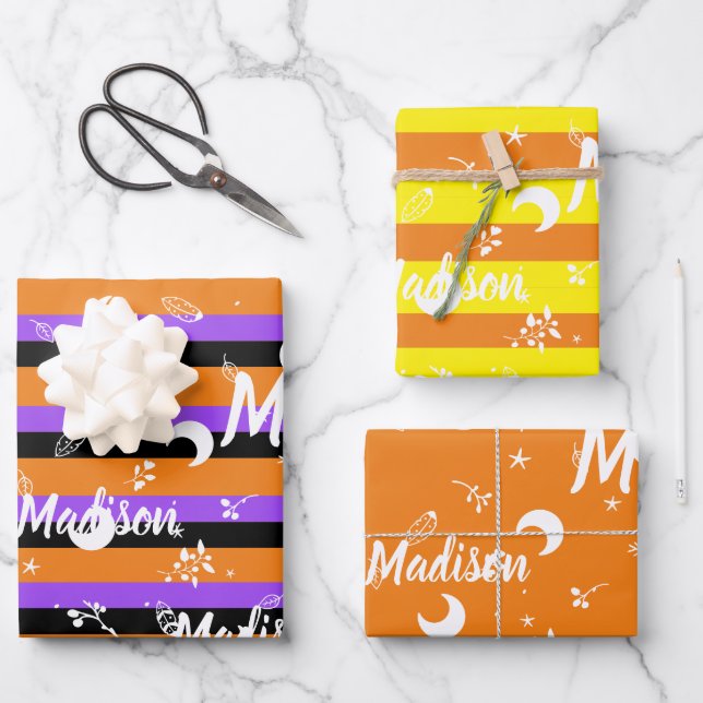 Personalised Name Orange Halloween Girl Whimsical Wrapping Paper Sheet (Front)