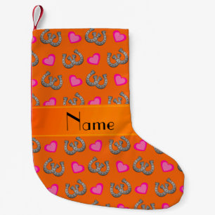 Personalised name orange horseshoes hearts small christmas stocking