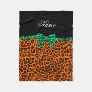 Personalised name orange leopard print green bow fleece blanket