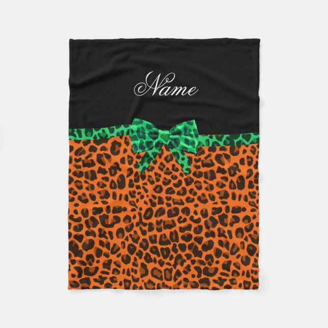 Personalised name orange leopard print green bow fleece blanket (Front)