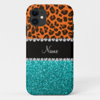 Personalised name orange leopard turquoise glitter