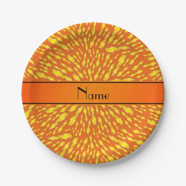 Personalised name orange lightning bolts paper plate (Front)