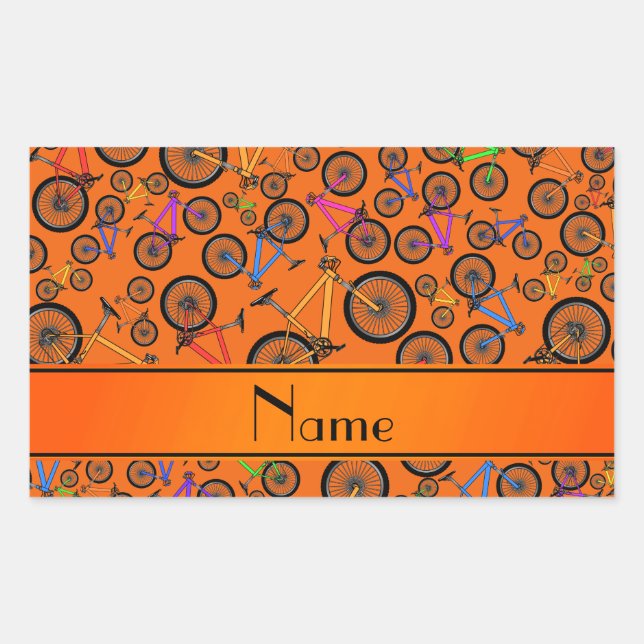 Personalised name orange mountain bikes rectangular sticker (Front)
