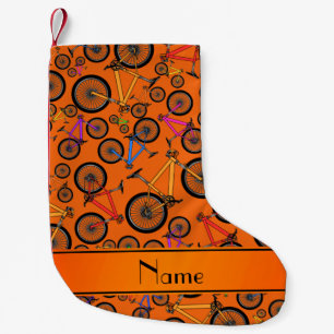 Personalised name orange mountain bikes small christmas stocking