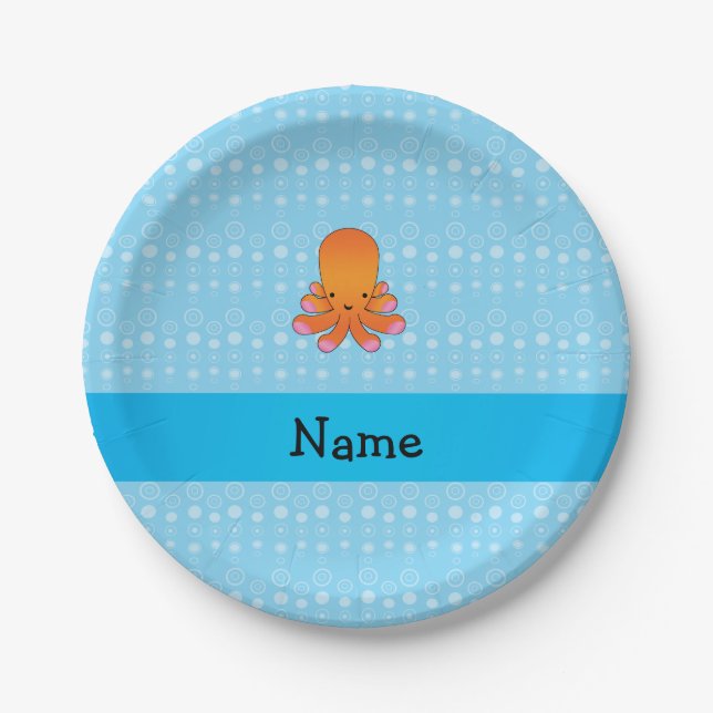 Personalised name orange octopus blue bubbles paper plate (Front)