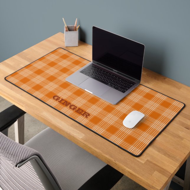 Personalised Name Orange Plaid Gingham Pattern Desk Mat (Office 2)
