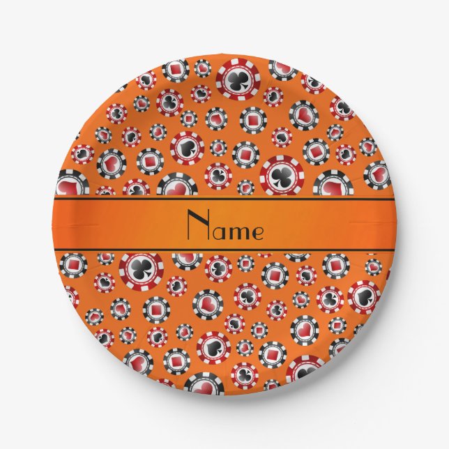 Personalised name orange poker chips paper plate (Front)