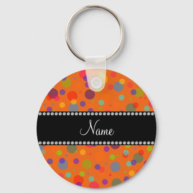 Personalised name orange rainbow polka dots key ring (Front)