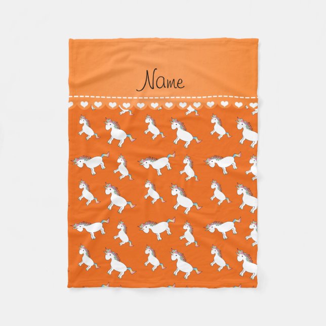 Personalised name orange rainbow unicorns fleece blanket (Front)
