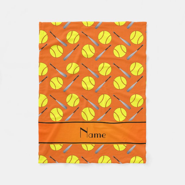 Personalised name orange softball pattern fleece blanket (Front)