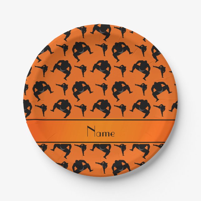 Personalised name orange sumo wrestling paper plate (Front)