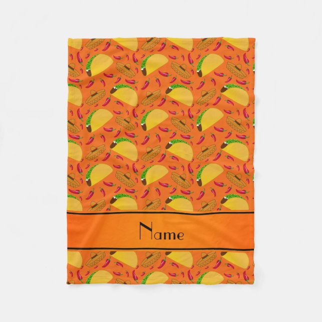 Personalised name orange tacos sombreros chilis fleece blanket (Front)