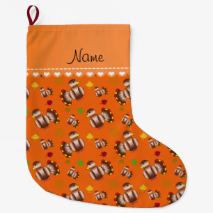 Personalised name orange turkey's leaves large christmas stocking