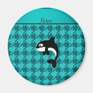 Personalised name orca whale turquoise houndstooth magnet