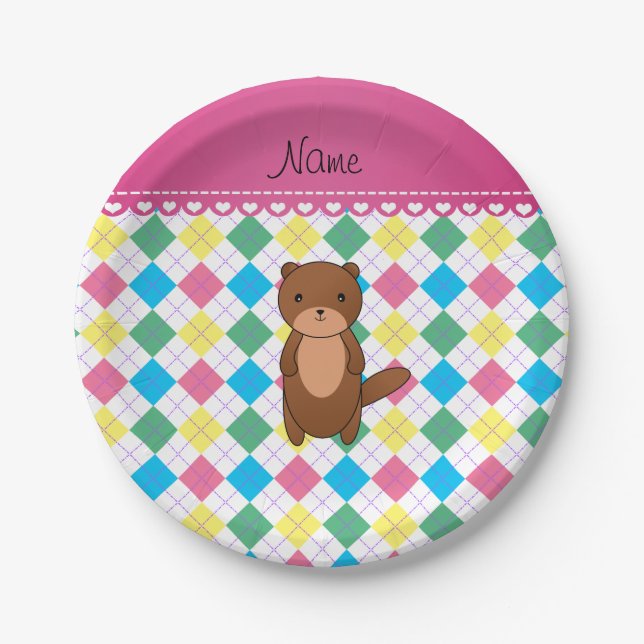 Personalised name otter rainbow argyle paper plate (Front)