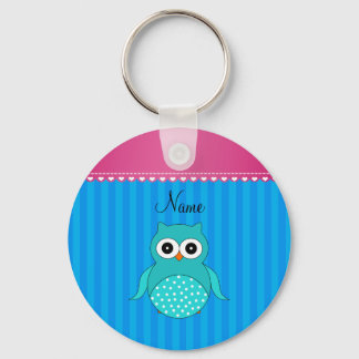 Personalised name owl blue stripes key ring