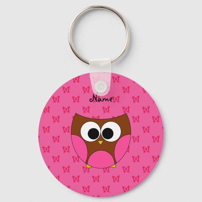 Personalised name owl pink butterflies key ring (Front)