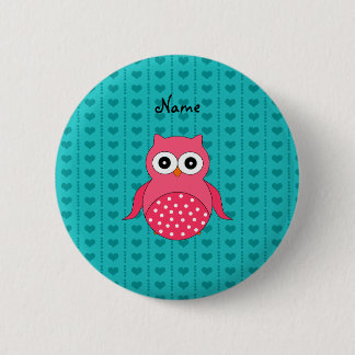 Personalised name owl turquoise hearts 6 cm round badge