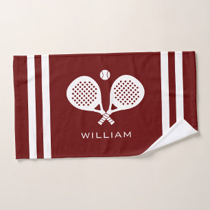 Personalised Name Padel Tennis Dark Red Stripes Hand Towel