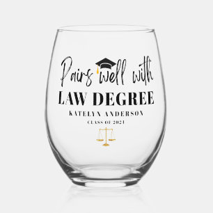 Personalised Name Pairs Well with Law Degree Stemless Wine Glass